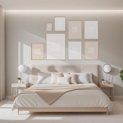 Multiple Posters and Photo Frames Mockup on Bedroom Wall